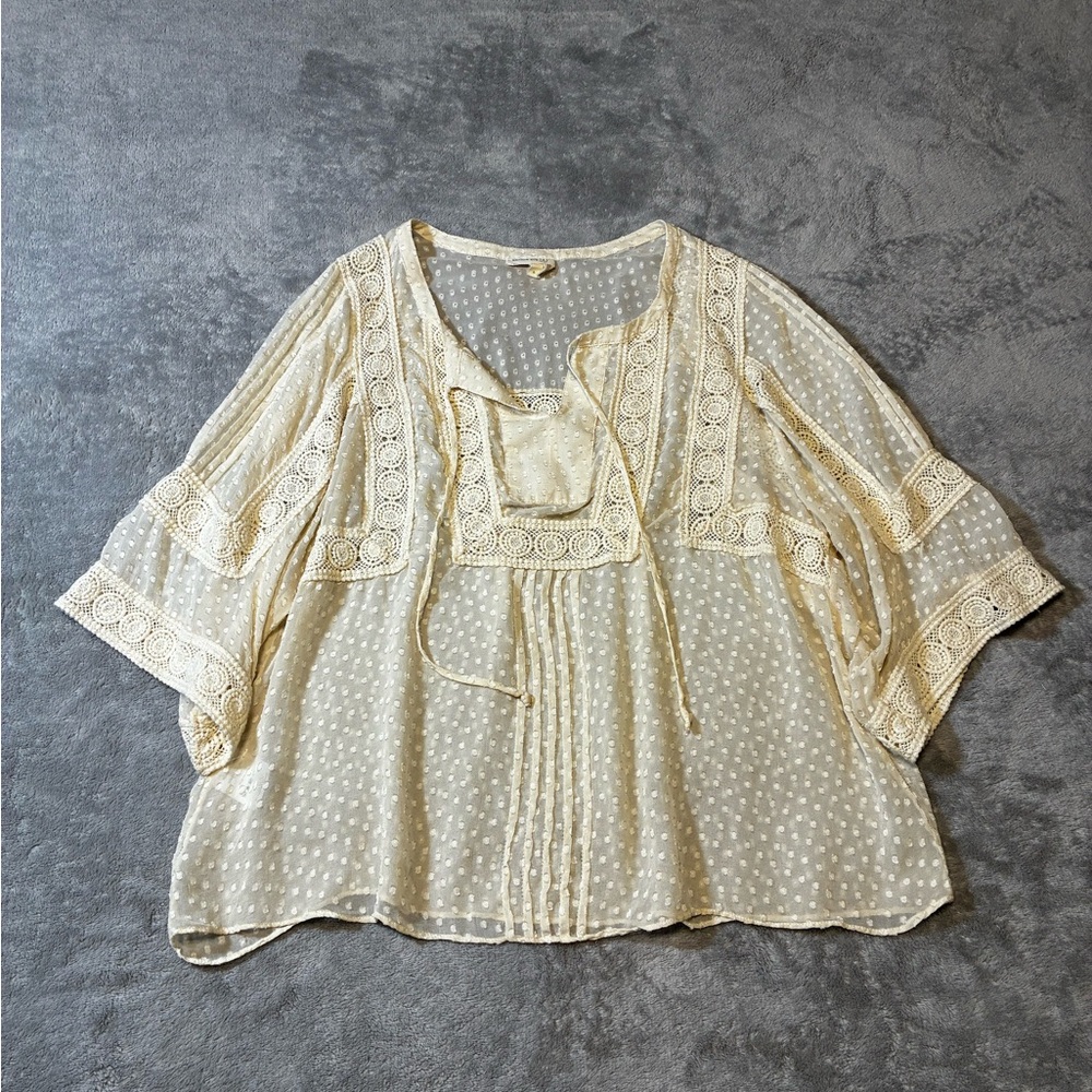 Anthropologie Meadow Rue Silk Blouse Women’s Large Boho Peasant Top Cream Lace